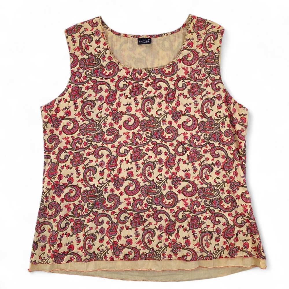 Ratan Blockprint Paisley Floral Cotton Tank Blouse XL India Metallic Gold Sequin